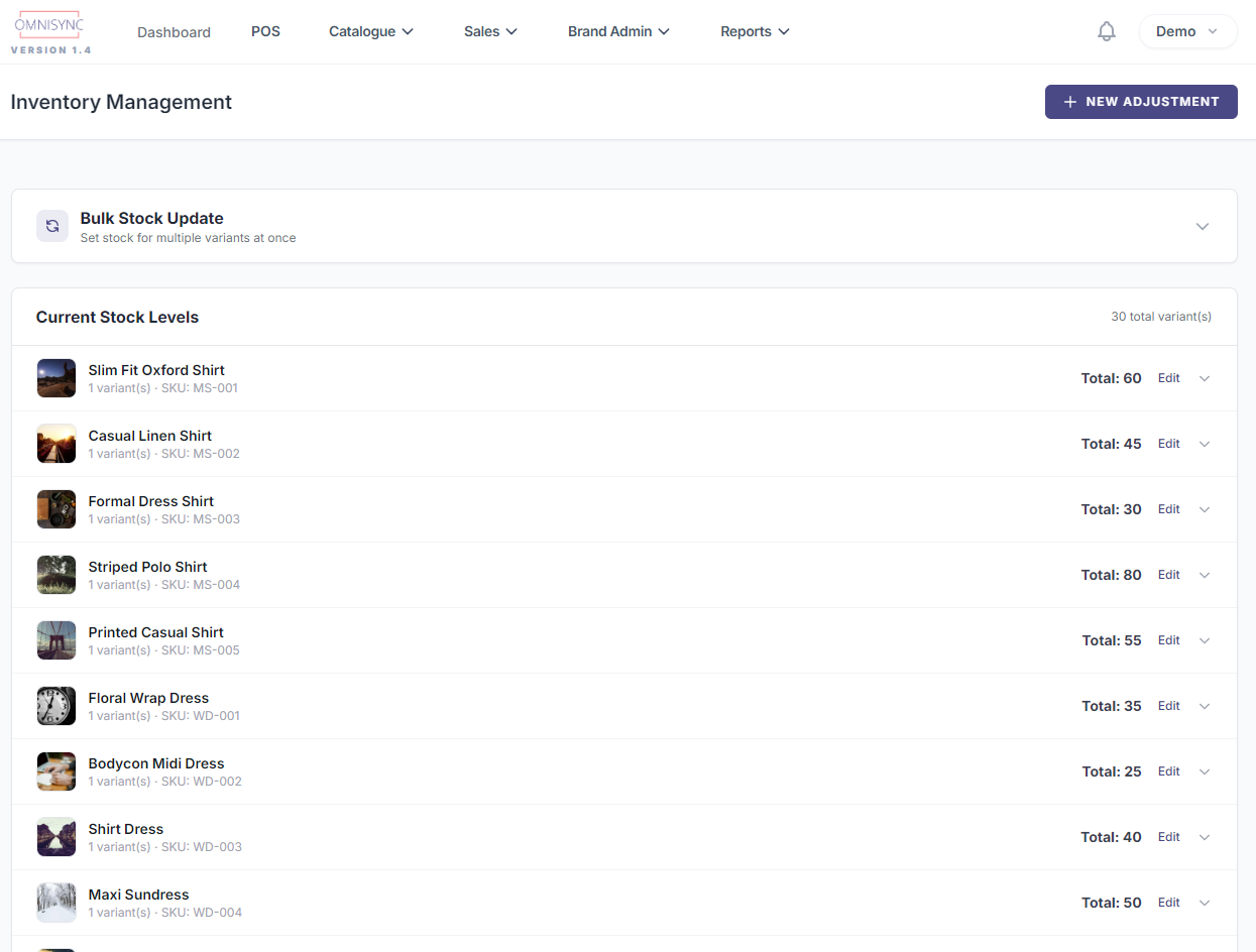 OMNISYNC Inventory Management showing real-time stock levels across all products