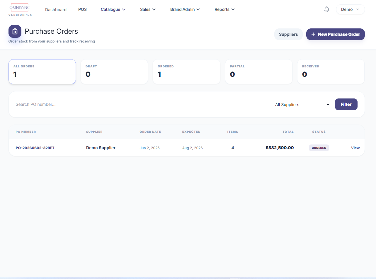 OMNISYNC Purchase Orders screen showing PO list with supplier, status and totals