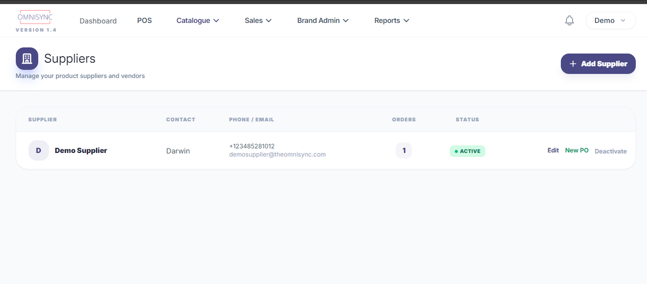 OMNISYNC Suppliers screen showing supplier list with contact details and order count